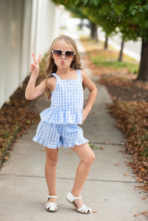 Wren & James Blue Checked Gingham Ruffle Button Spring Short Set