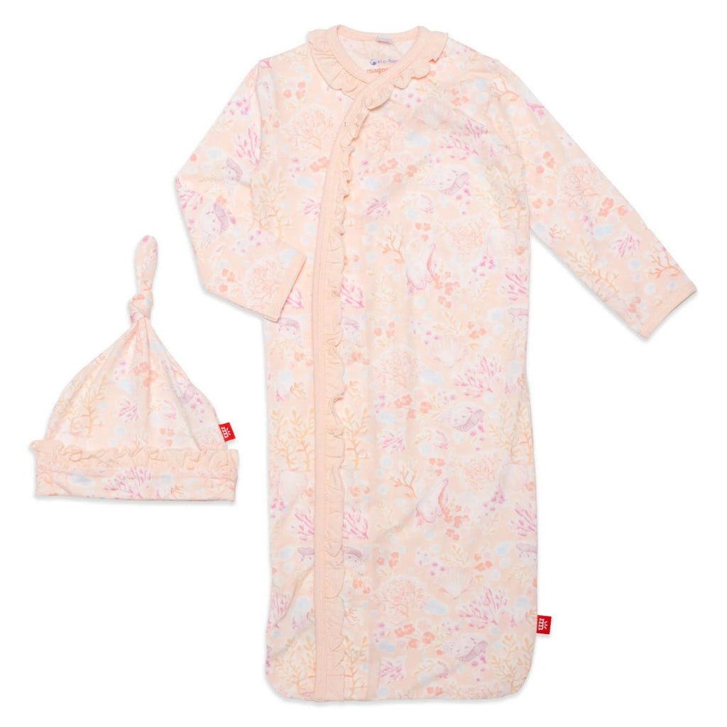 Magnetic Me Coral Floral Cozy Sleeper Gown W/ Hat Set with Ruffles (STHE)